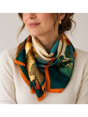 Botanical Print Neck Scarf in Teal and Orange